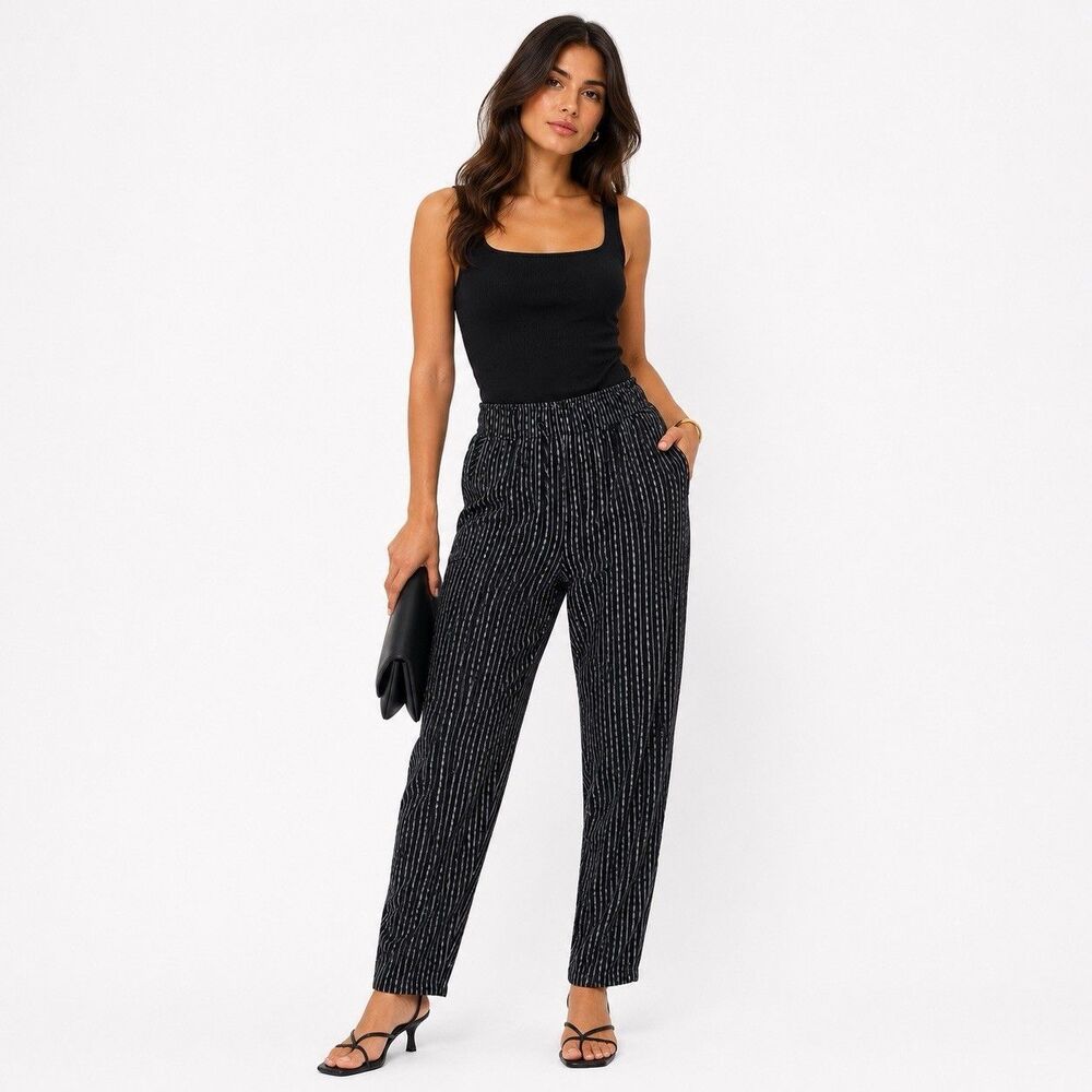 Old Navy Black White Striped Cropped Elastic Waist Pants 100% Cotton Size Med